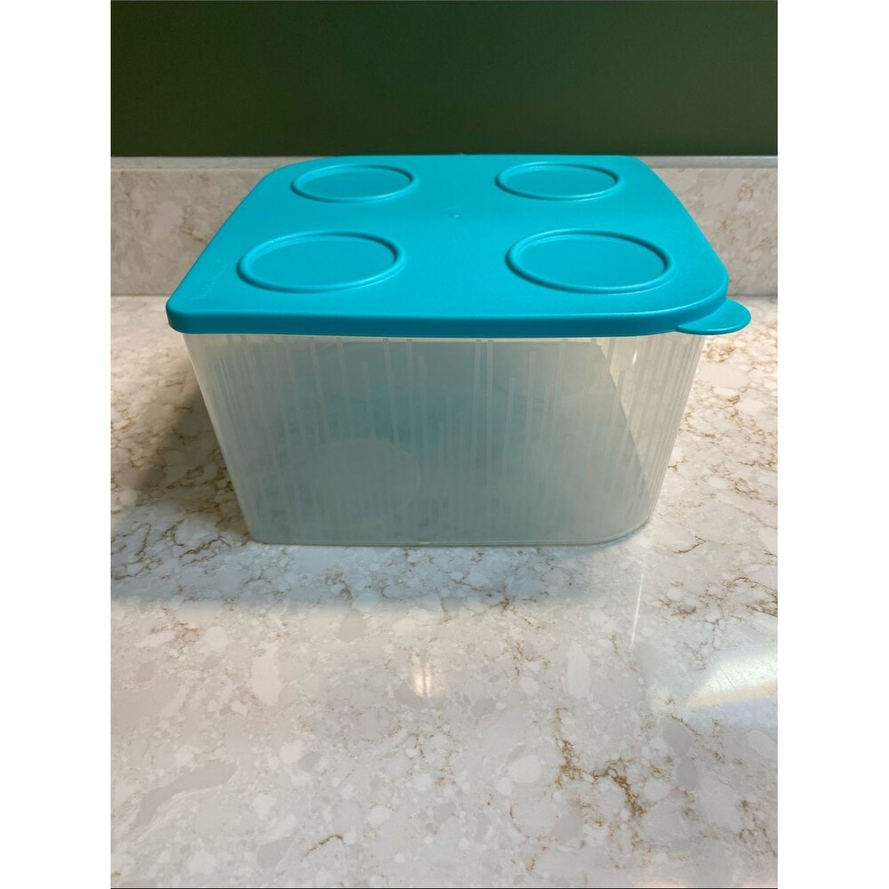 Tupperware Clear Container with Bright Teal Lid – Round – 5.5 in